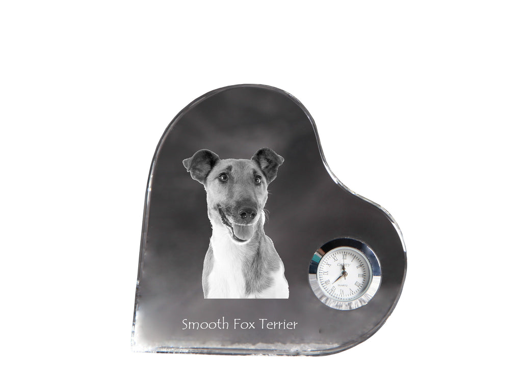Fox Terrier Smooth - crystal clock with a dog picture, heart-shaped shelf clock, personalized standing clock by Art-Dog brand
