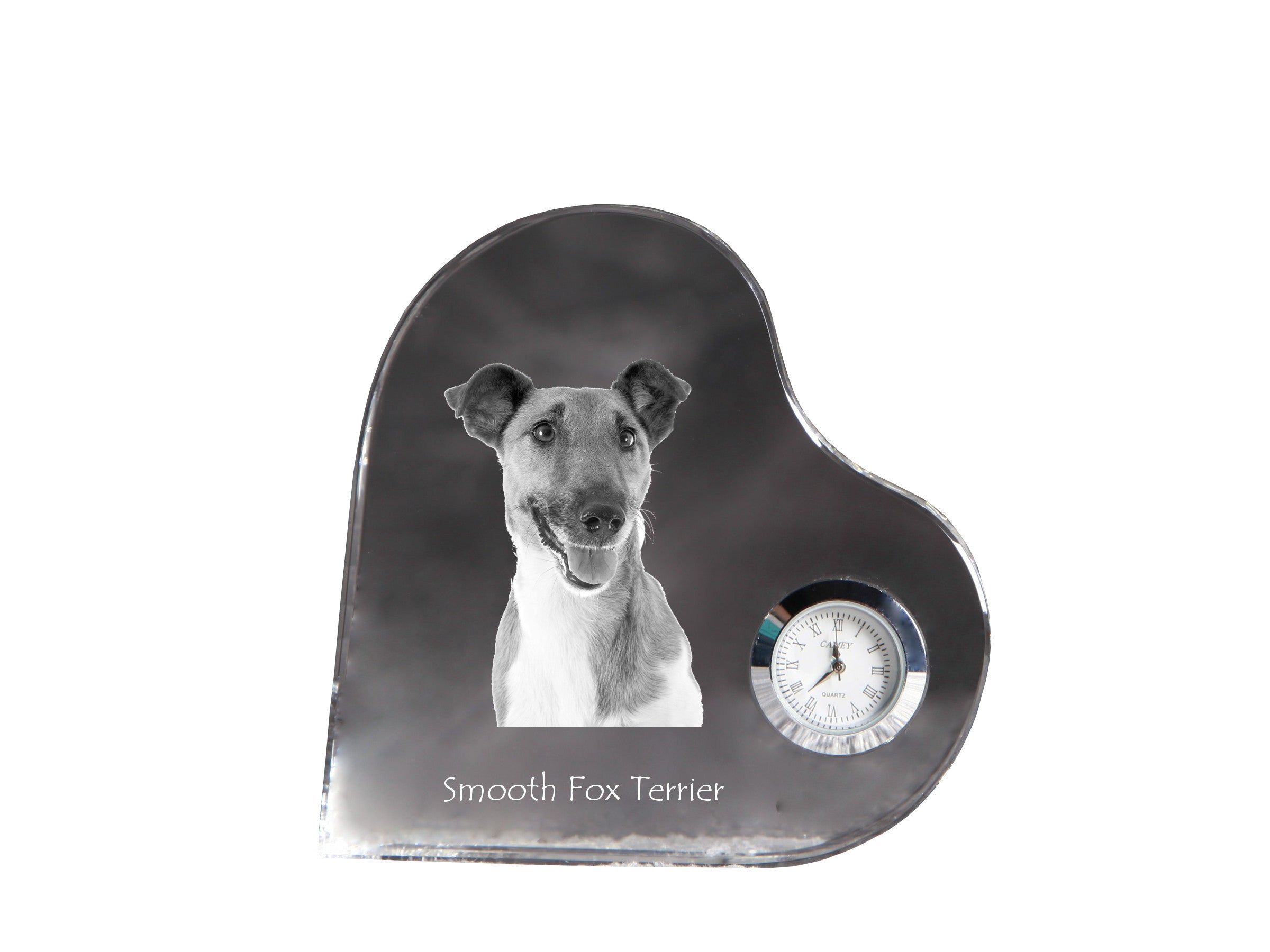 Fox Terrier Smooth - crystal clock with a dog picture, heart-shaped shelf clock, personalized standing clock by Art-Dog brand