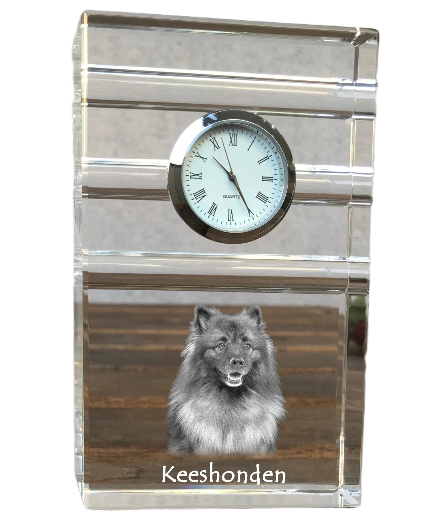 Keeshond, Dutch Barge Dog, Smiling Dutchman, - glass clock with a photo, photo of a dog in crystal, personalized standing office clock by Art-Dog brand