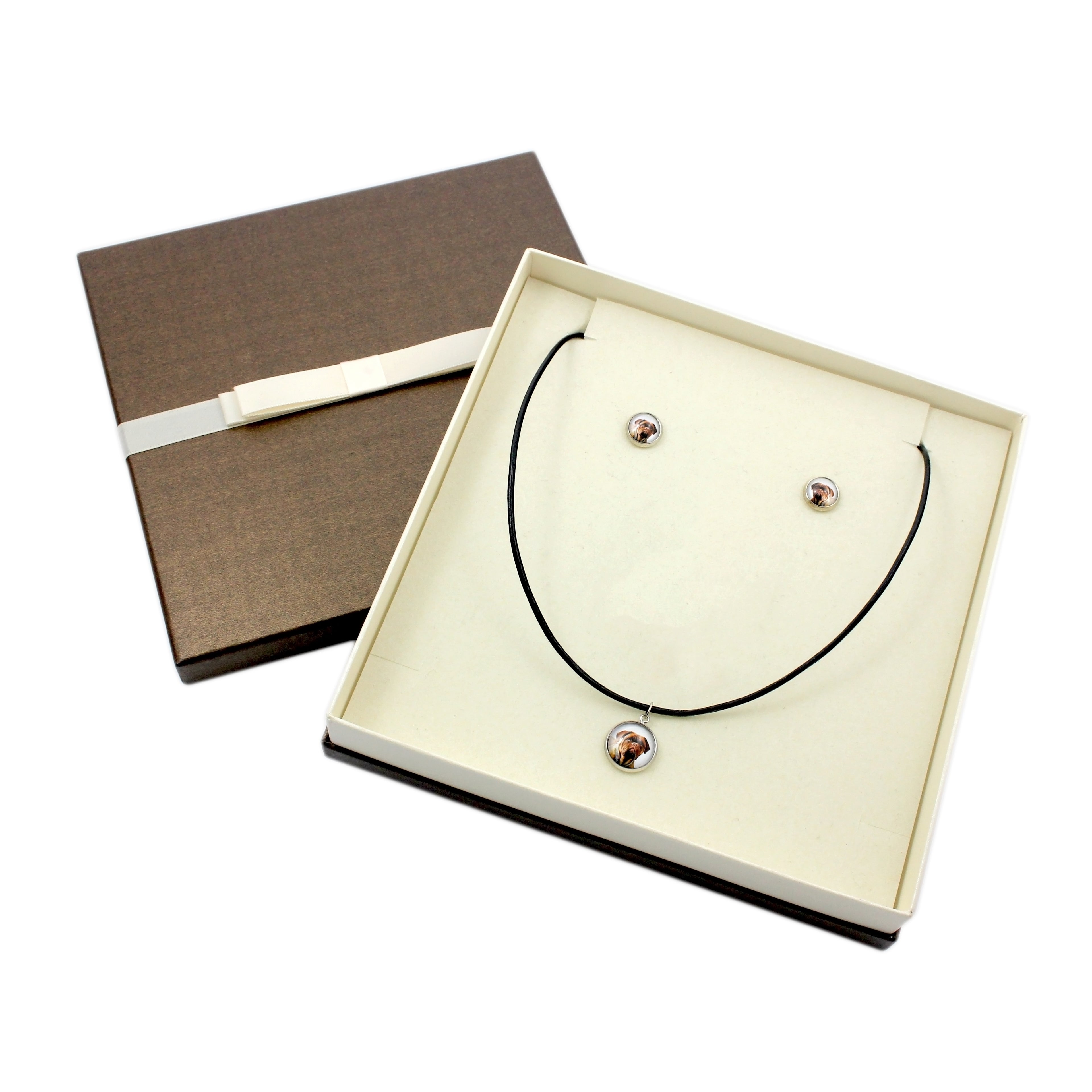 Dogue de Bordeaux, French Mastiff, Bordeauxdog - jewelry with your photo box, set of necklace and earrings, personalized products from the Art-Dog brand
