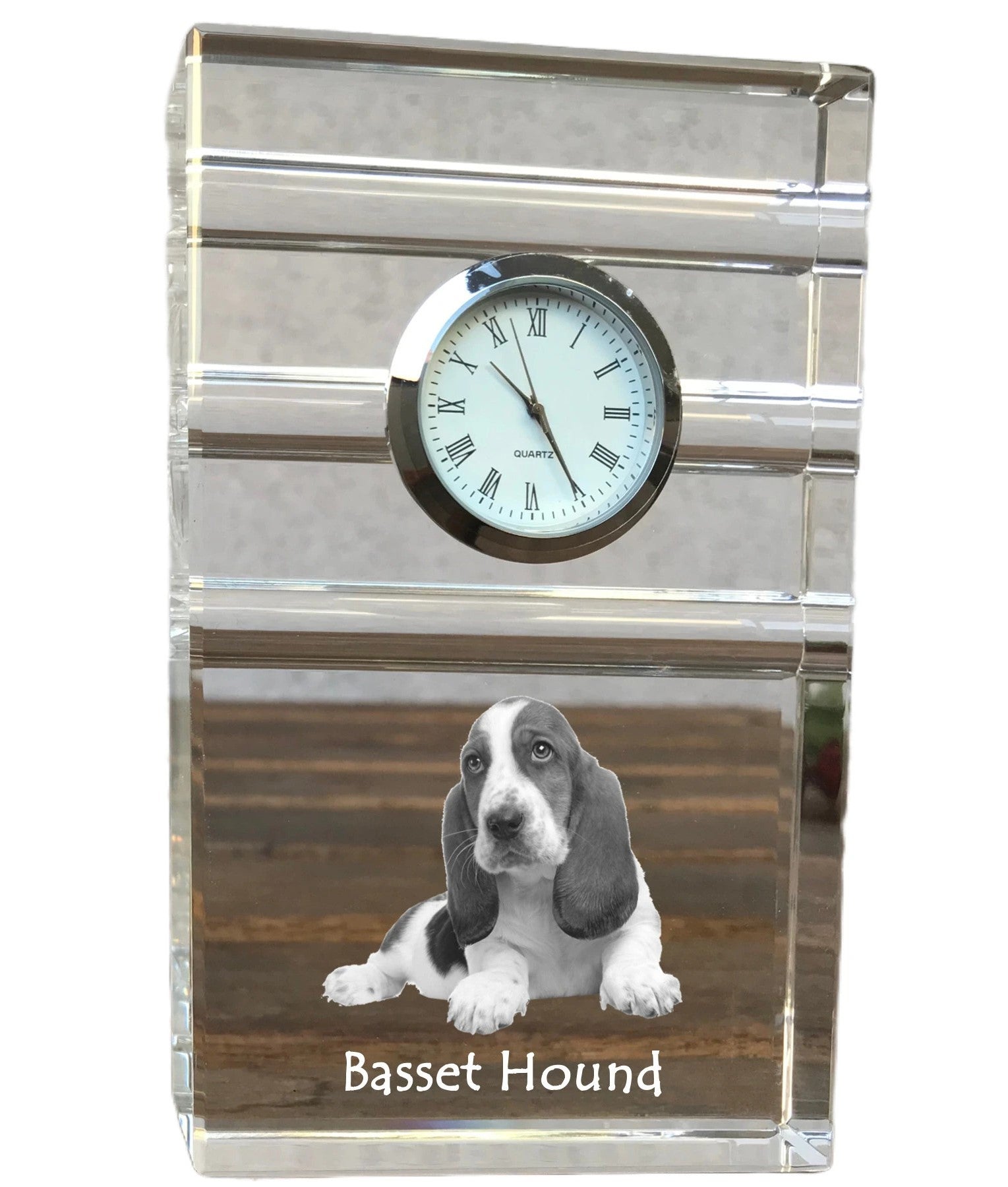 Basset Hound - glass clock with a photo, photo of a dog in crystal, personalized standing office clock by Art-Dog brand