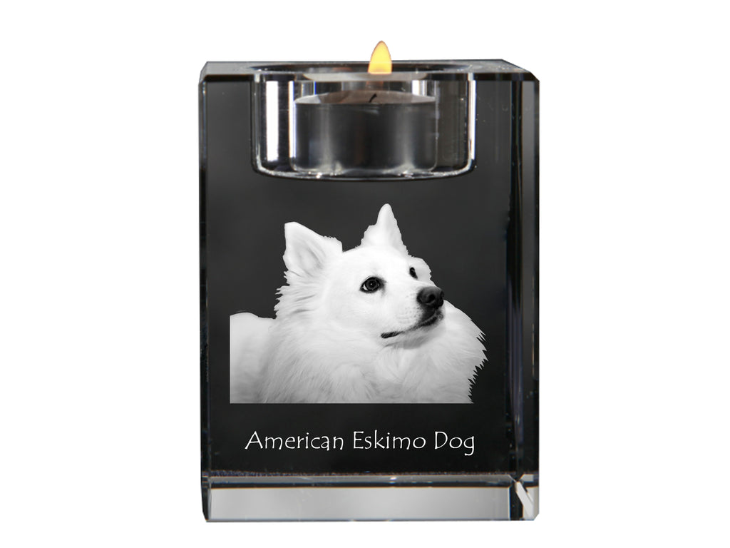 American Eskimo Dog, American Spitz - Candle holder with dog photo, crystal tealight holder, personalised gift by Art-Dog brand