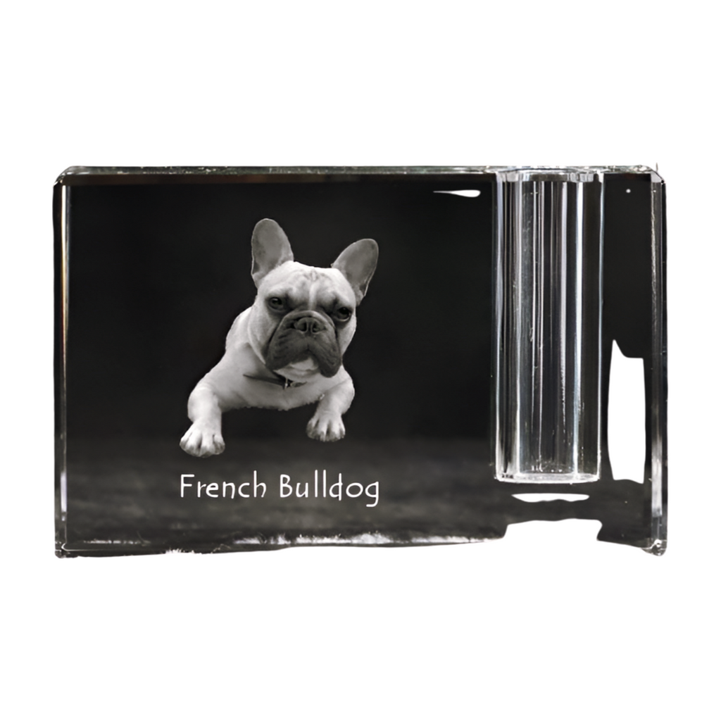 French Bulldog, Frenchie - Pen stand, crystal organiser with dog photo, unique desk decoration by Art-Dog brand