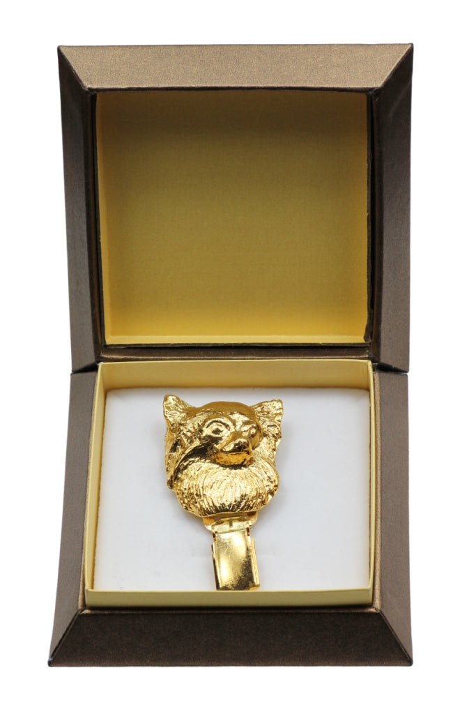 Chihuahua long-haired I - brooch with a clip, gold-plated holder for a start number, a gift for a dog show by Art-Dog brand.