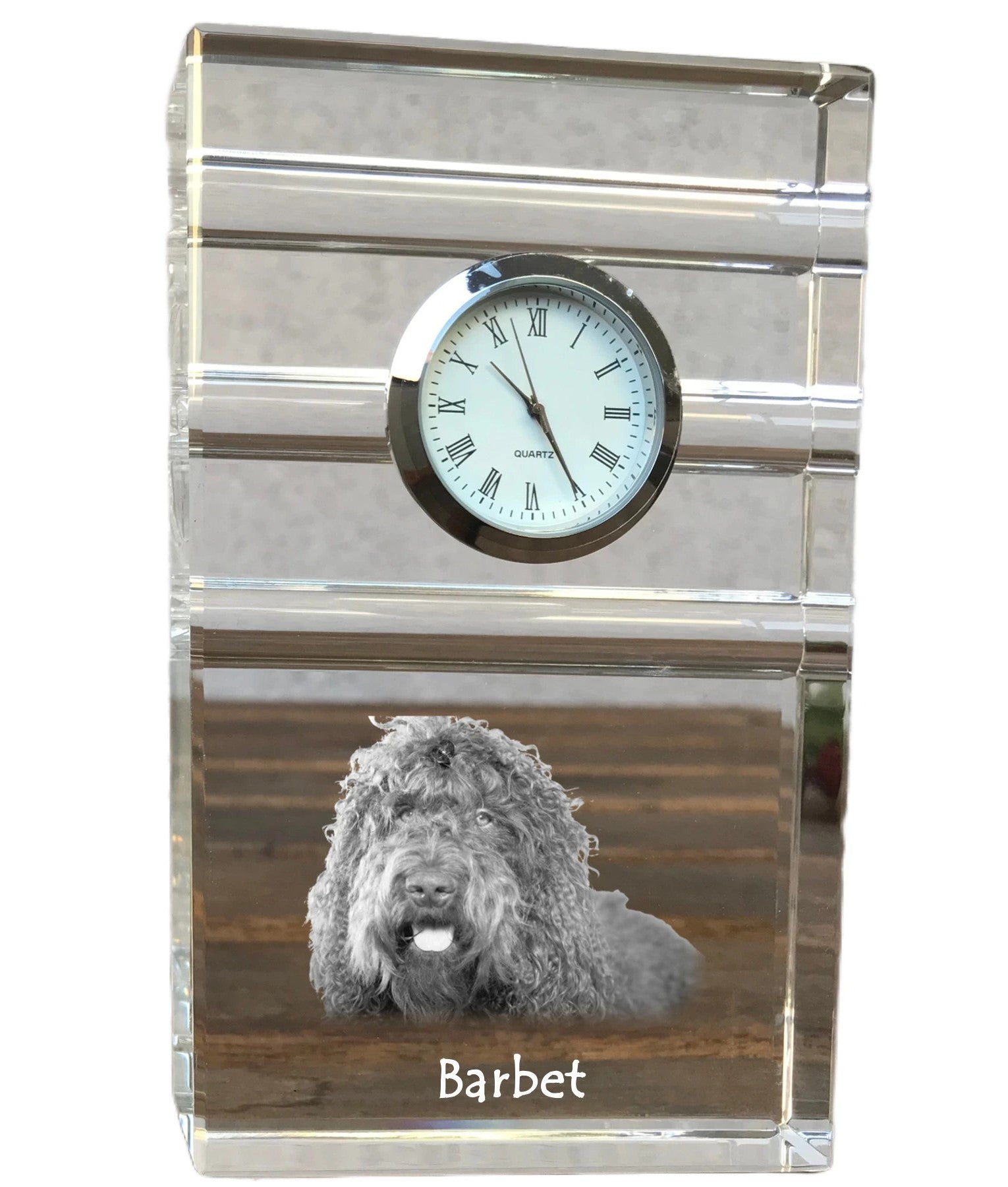 Barbet, French Water Dog - glass clock with a photo, photo of a dog in crystal, personalized standing office clock by Art-Dog brand