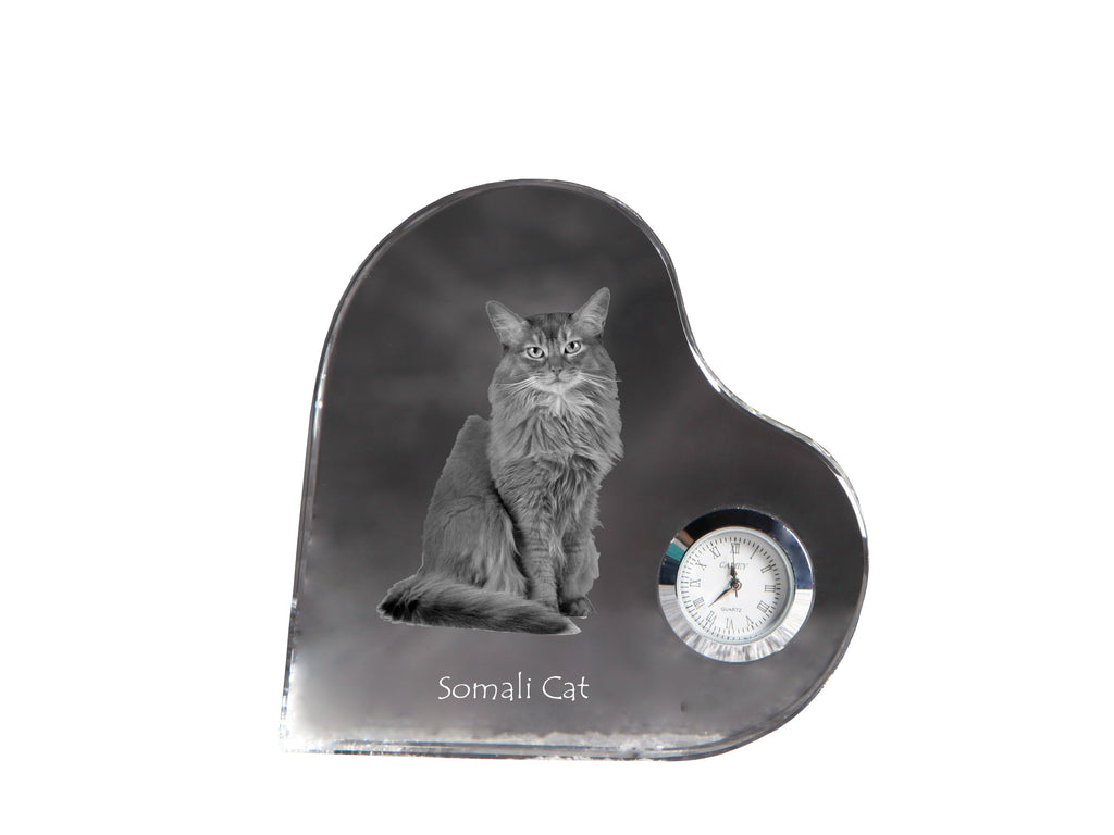 Somali - crystal clock with a picture of a cat, heart-shaped shelf clock, personalized standing clock by Art-Dog brand