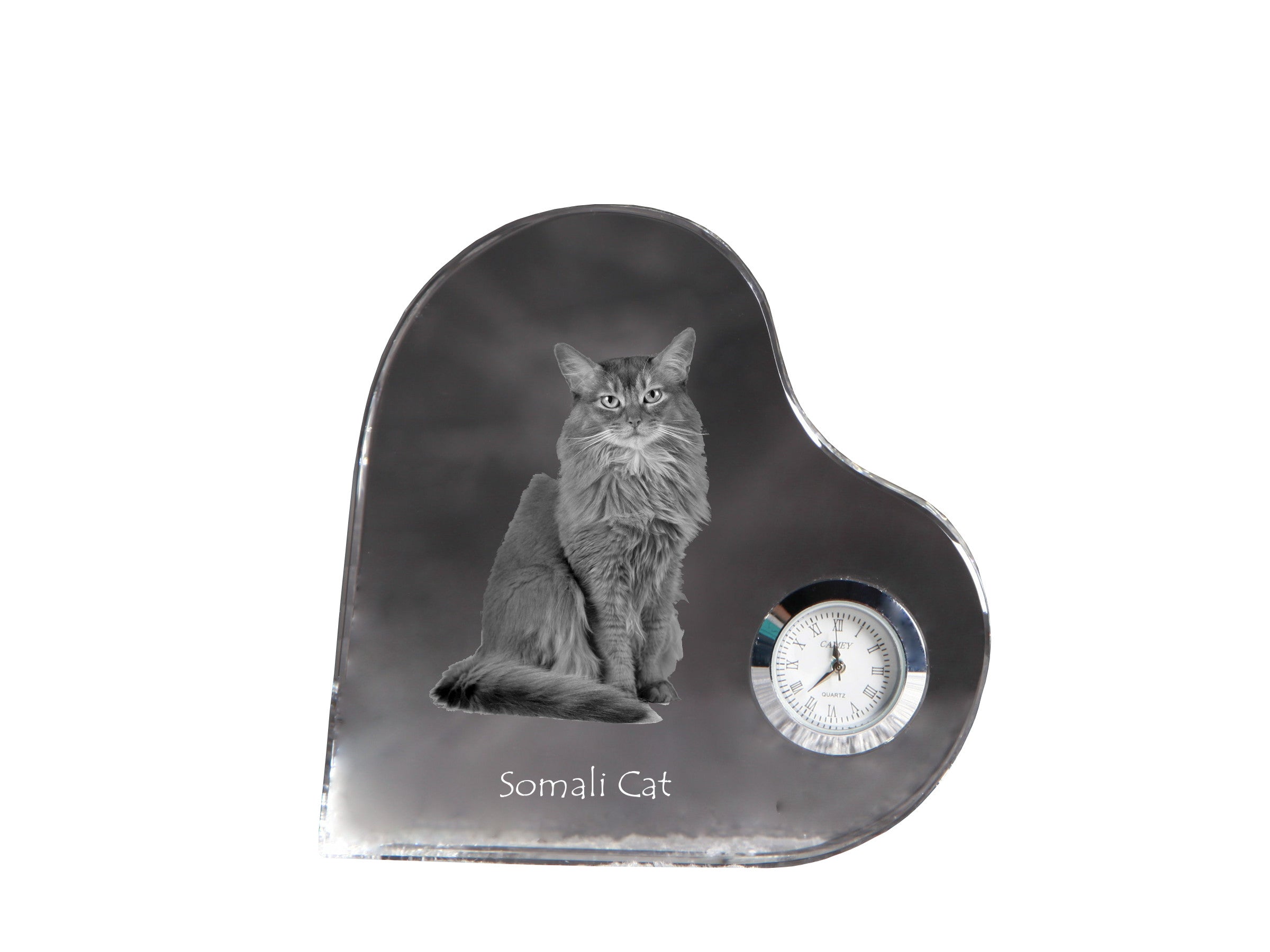 Somali - crystal clock with a picture of a cat, heart-shaped shelf clock, personalized standing clock by Art-Dog brand