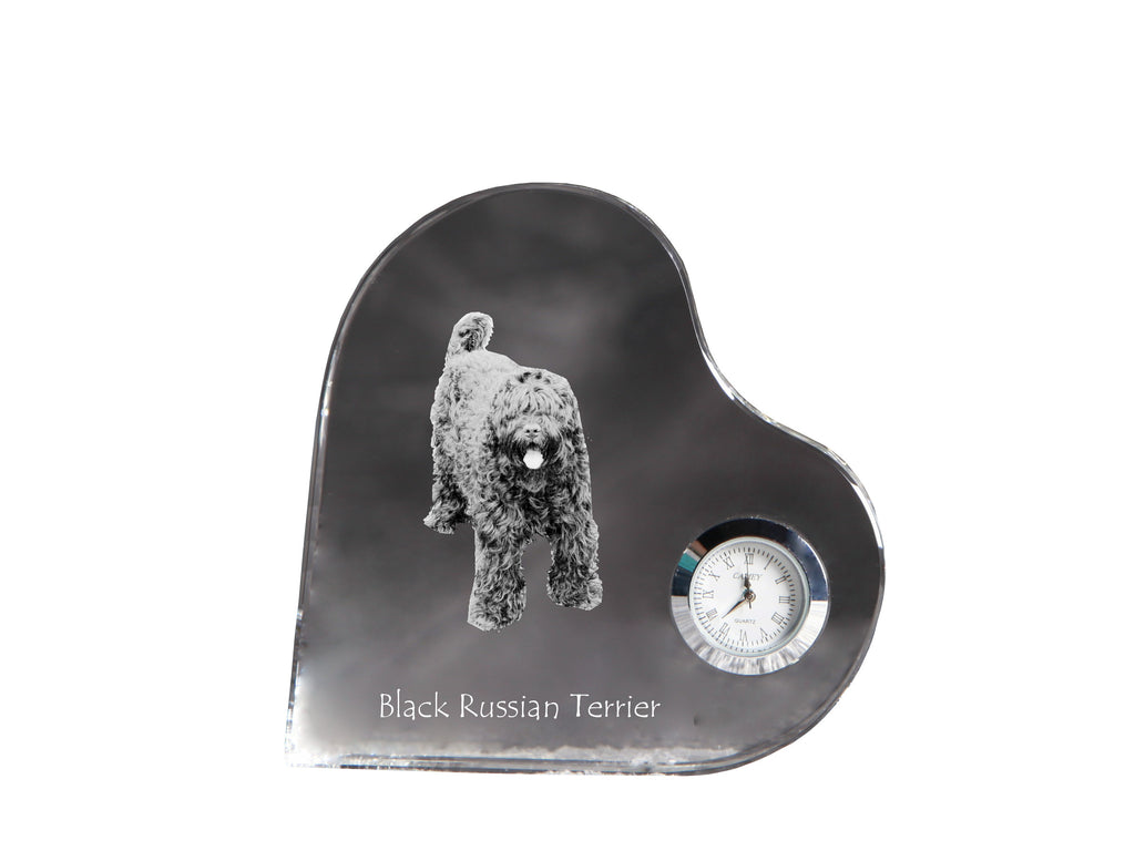 Black Russian Terrier, Chornyi Terrier - crystal clock with a dog picture, heart-shaped shelf clock, personalized standing clock by Art-Dog brand