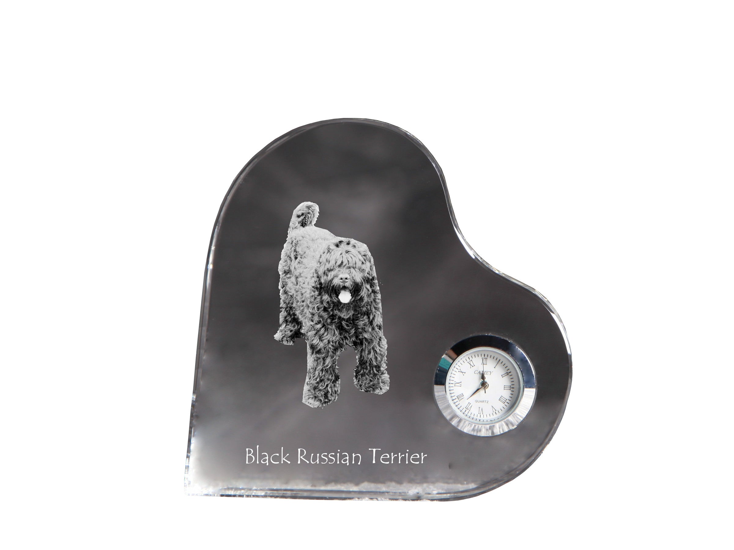 Black Russian Terrier, Chornyi Terrier - crystal clock with a dog picture, heart-shaped shelf clock, personalized standing clock by Art-Dog brand
