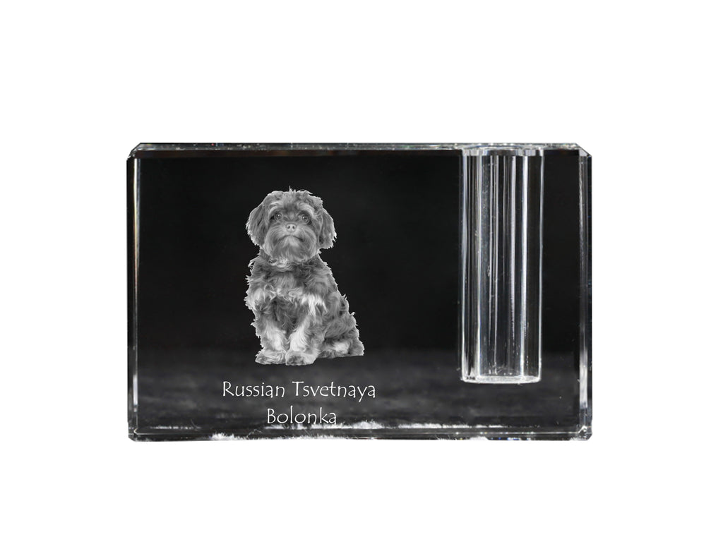 Bolonka, Russian Tsvetnaya Bolonka - Pen stand, crystal organiser with dog photo, unique desk decoration by Art-Dog brand