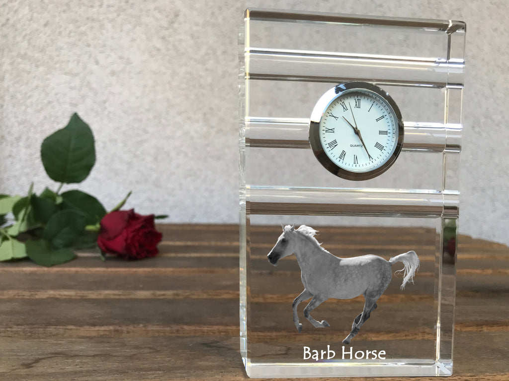 Barb Horse - glass clock with a photo, photo of a horse in crystal, personalized standing office clock by Art-Dog brand