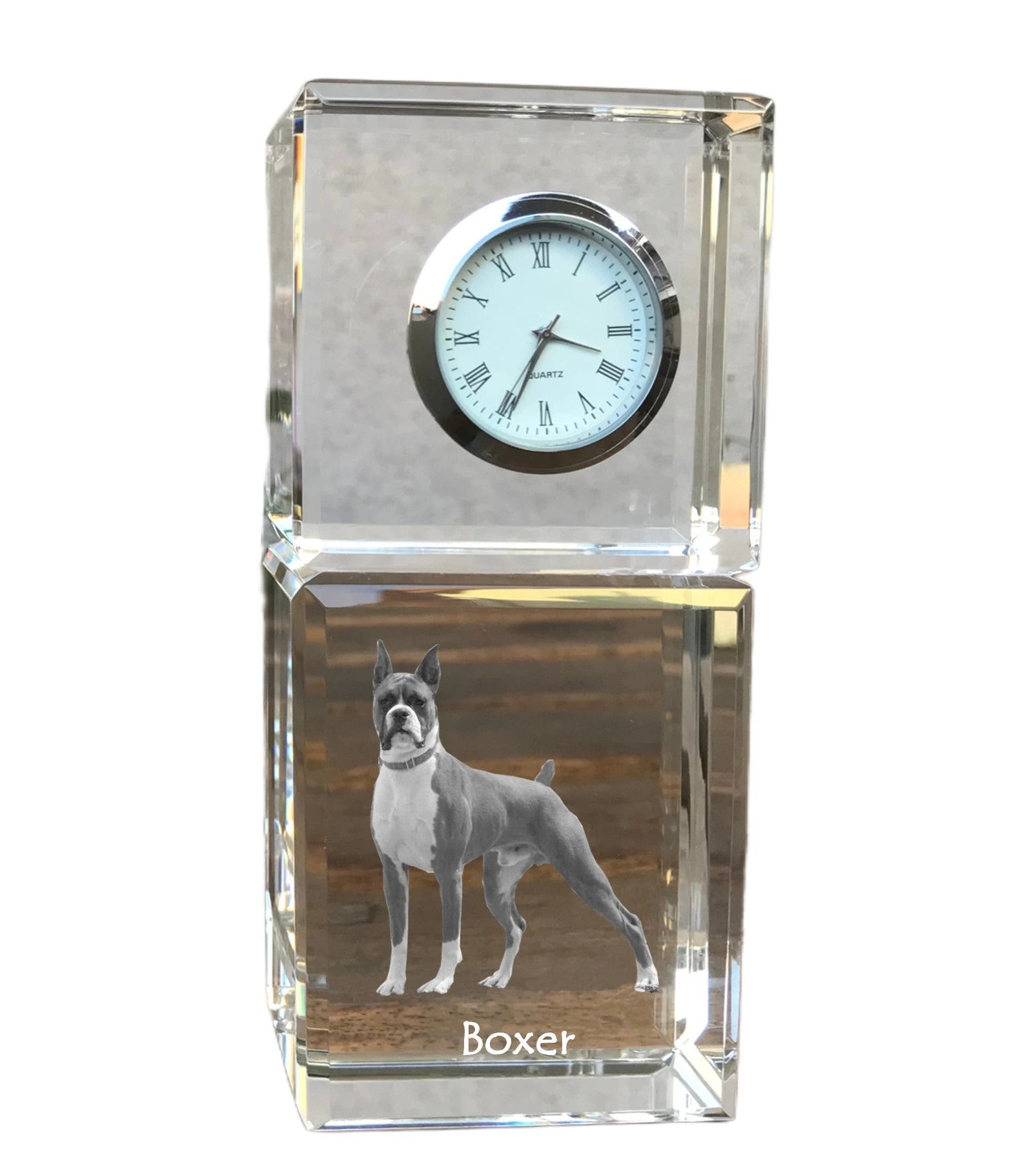 Boxer, German Boxer III - crystal clock with a photo, a photo of a dog in crystal, personalized desk clock by Art-Dog brand