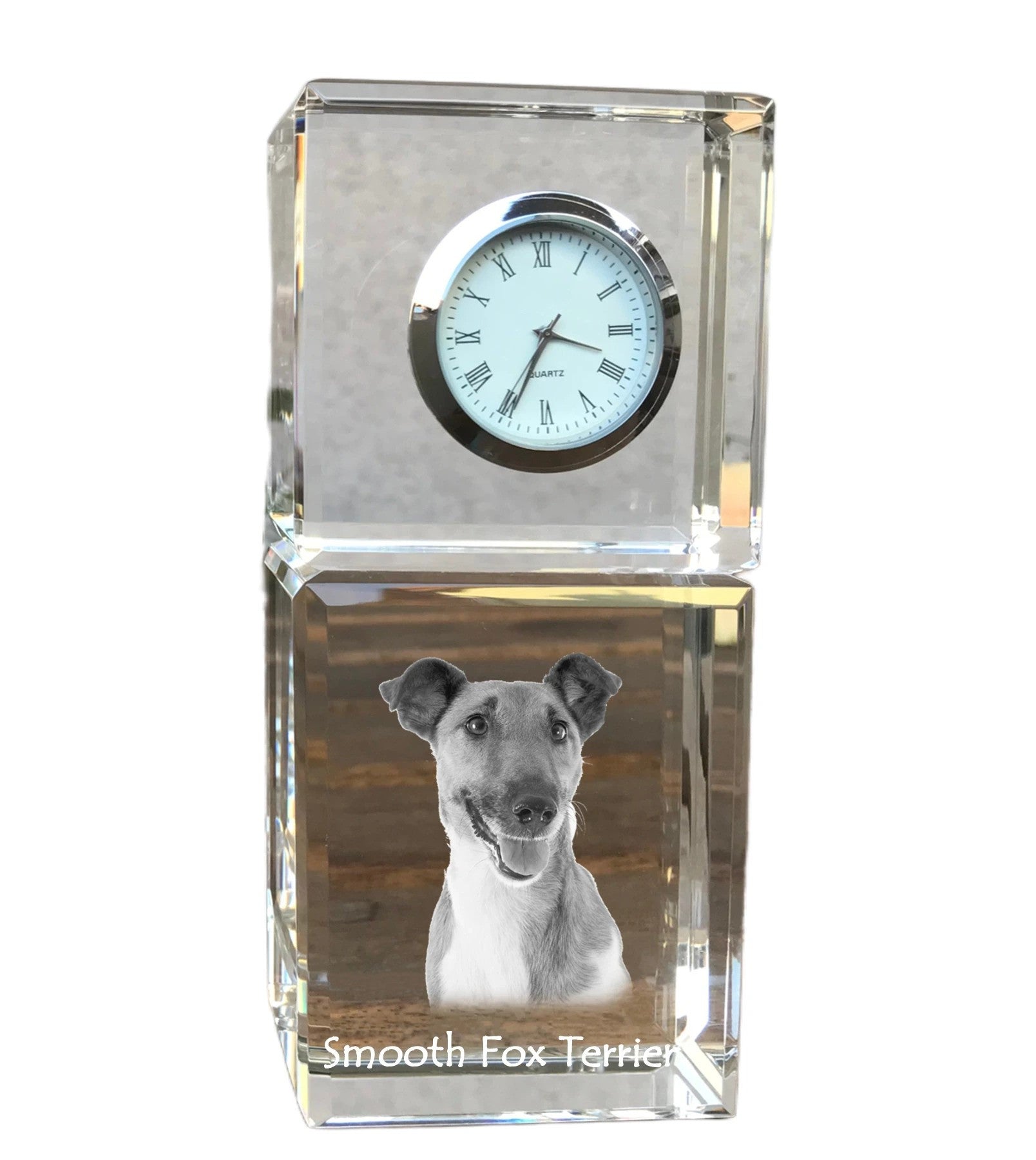 Fox Terrier Smooth - crystal clock with a photo, a photo of a dog in crystal, personalized desk clock by Art-Dog brand