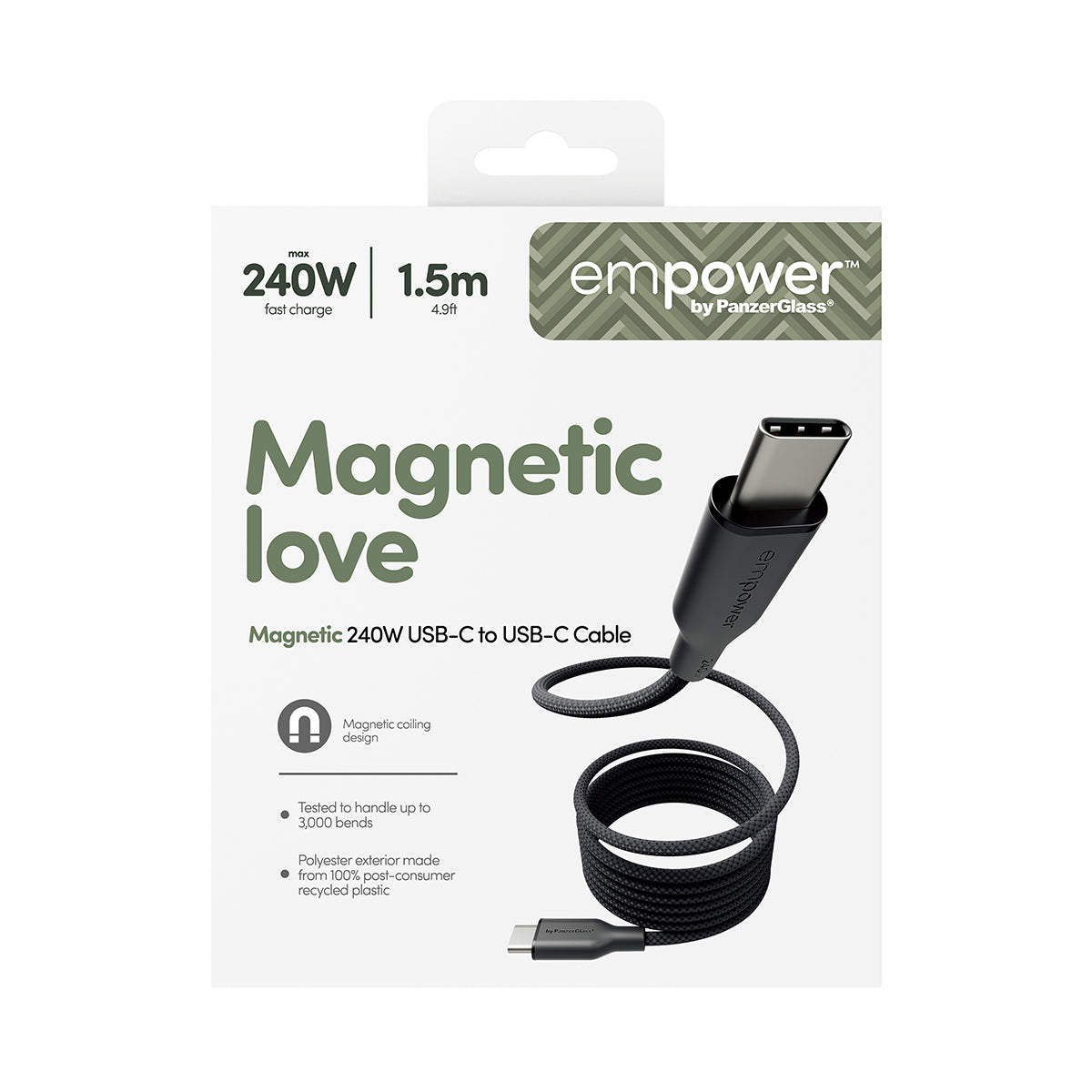 PanzerGlass empower™ Câble USB-C vers USB-C Magnétique 240W, USB 2.0, 1,5m, Space Black Transparent