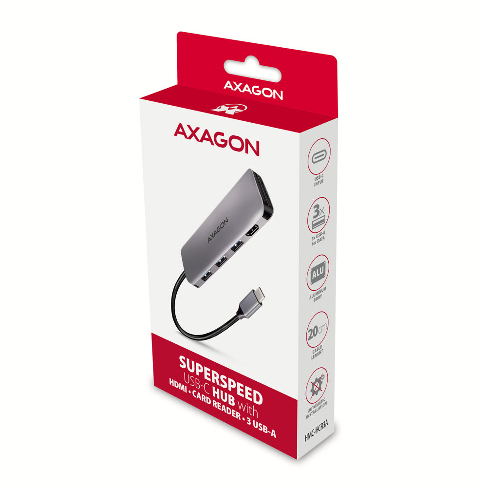 Axagon HMC-HCR3A 3x USB-A+ HDMI+ SD/microSD USB-C 3.2 Gen 1 hub 20cm Avec fil USB 3.2 Gen 1 (3.1 Gen 1) Type-C Gris