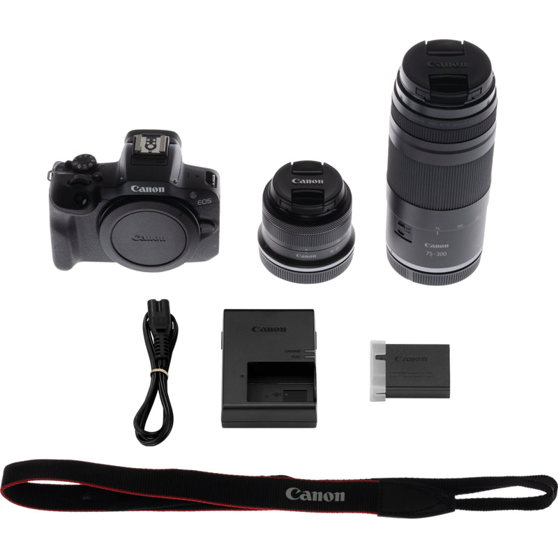 Canon EOS R100 avec Objectifs RF-S 18-45mm F4.5-6.3 IS STM et RF 75-300mm F4-5.6, MILC 24,1 MP CMOS, Noir