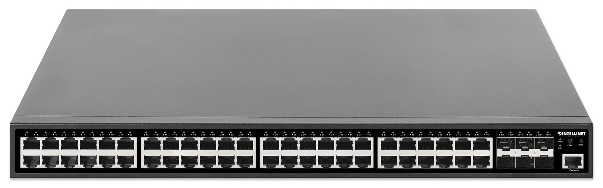 Intellinet Commutateur réseau (switch) PoE+ Gigabit 48 ports administrable L2+ avec 6 liaisons montantes SFP+ 10G, IEEE 802.3at/af, budget PoE 450 W, rack 19", garantie de 3 ans