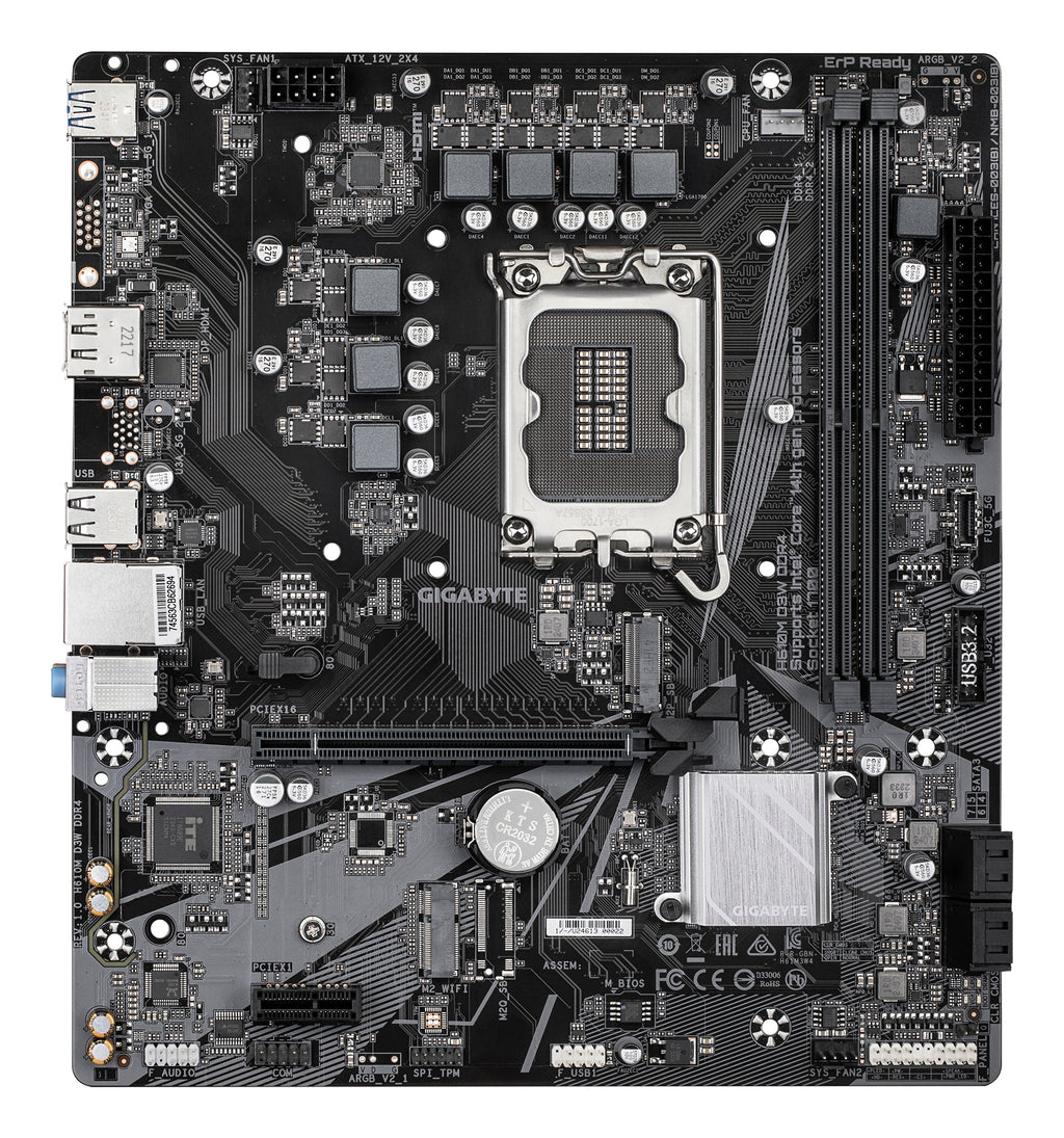 GIGABYTE H610M D3W DDR4 Carte mère - Compatible avec les processeurs Intel Core de 14e génération, VRM 5+1+1 phases, jusqu'à 3200 MHz DDR4, 1xPCIe 3.0 M.2, LAN 1 GbE, USB 3.2 Gen 1