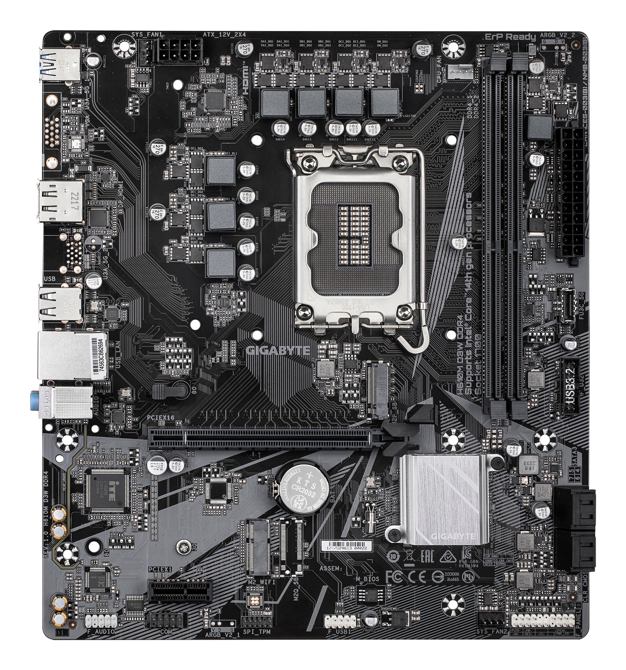 GIGABYTE H610M D3W DDR4 Carte mère - Compatible avec les processeurs Intel Core de 14e génération, VRM 5+1+1 phases, jusqu'à 3200 MHz DDR4, 1xPCIe 3.0 M.2, LAN 1 GbE, USB 3.2 Gen 1