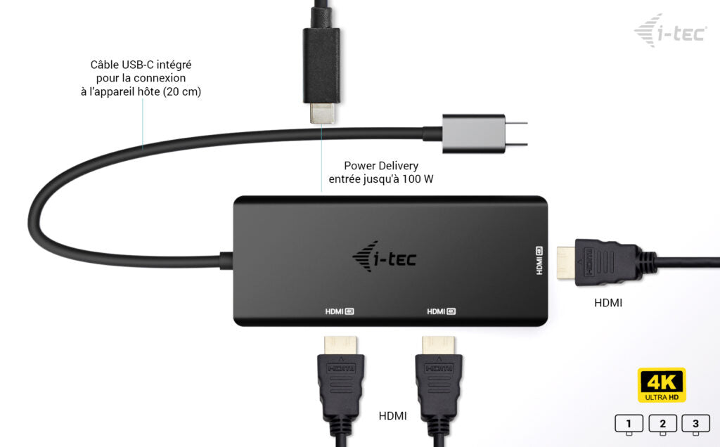 i-tec Adaptateur Vidéo USB-C Triple 4K HDMI, Power Delivery 100W