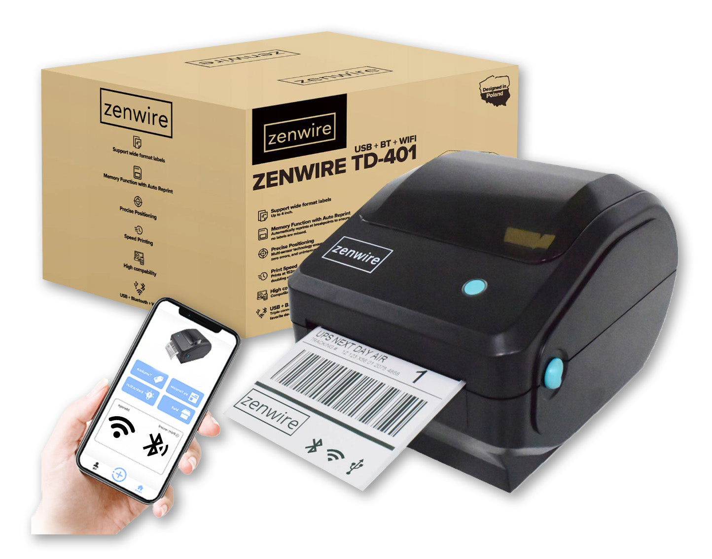 Mini-imprimante thermique pour étiquettes d'expédition autocollantes 100 x 150 mm, USB, Bluetooth, Wi-Fi, Zenwire TD-401