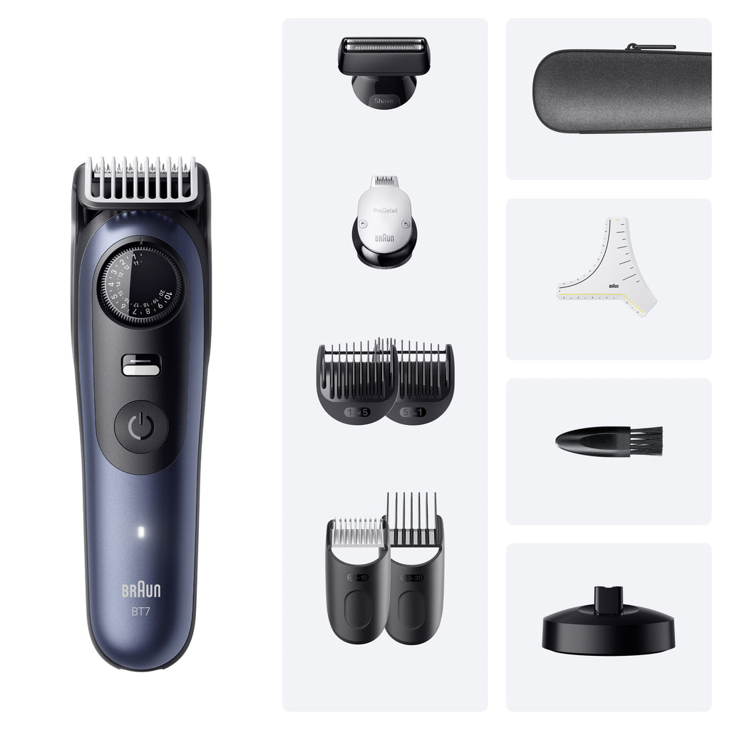 Braun BeardTrimmer 7 80789809 Tondeuse à Barbe, AC/Batterie, Étanche Mouillé & Sec, Bleu Foncé