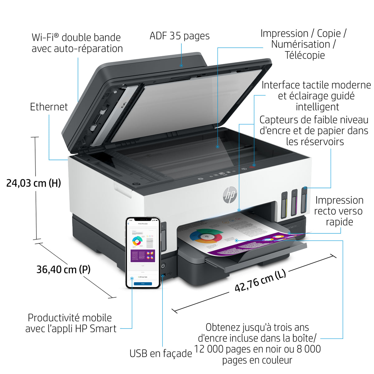 HP Smart Tank 7605 Imprimante Multifonction Couleur Sans Fil, Recto-Verso, Copieur et Scanner
