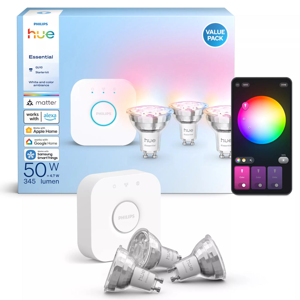 Philips Hue White and Color ambiance Kit de démarrage Essential : 3 ampoules connectées GU10 (345 lm)