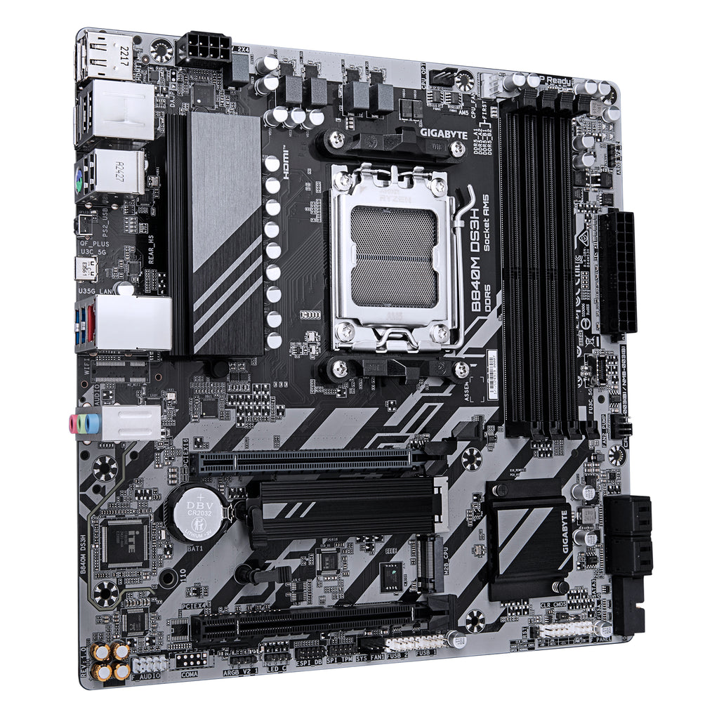 GIGABYTE B840M DS3H Carte mère - Processeurs AMD Ryzen 9000, VRM 8+2+2 phases, jusqu'à 8200 MHz DDR5, 2xPCIe 4.0 M.2, LAN 2.5GbE, USB 3.2 Gen 1
