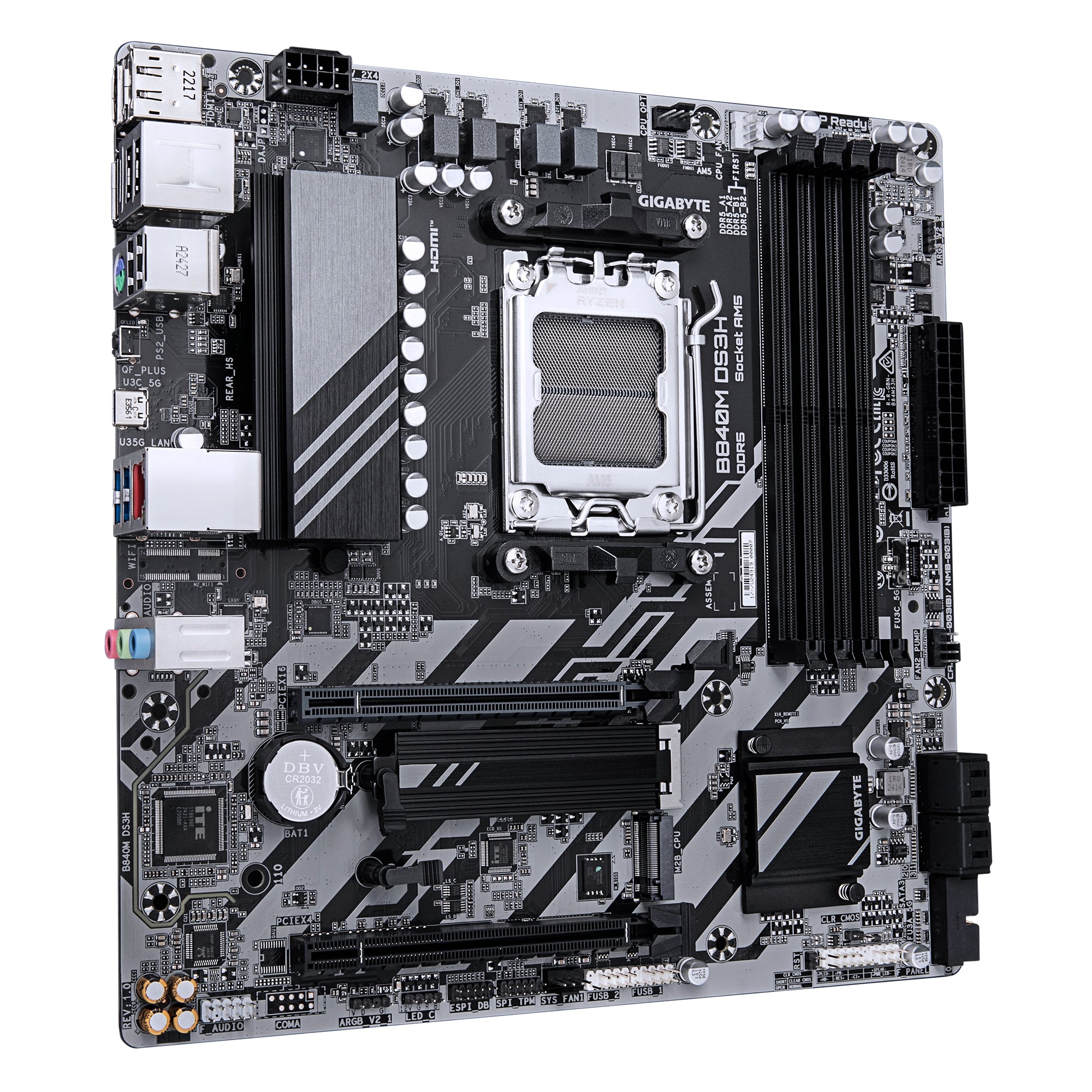 GIGABYTE B840M DS3H Carte mère - Processeurs AMD Ryzen 9000, VRM 8+2+2 phases, jusqu'à 8200 MHz DDR5, 2xPCIe 4.0 M.2, LAN 2.5GbE, USB 3.2 Gen 1