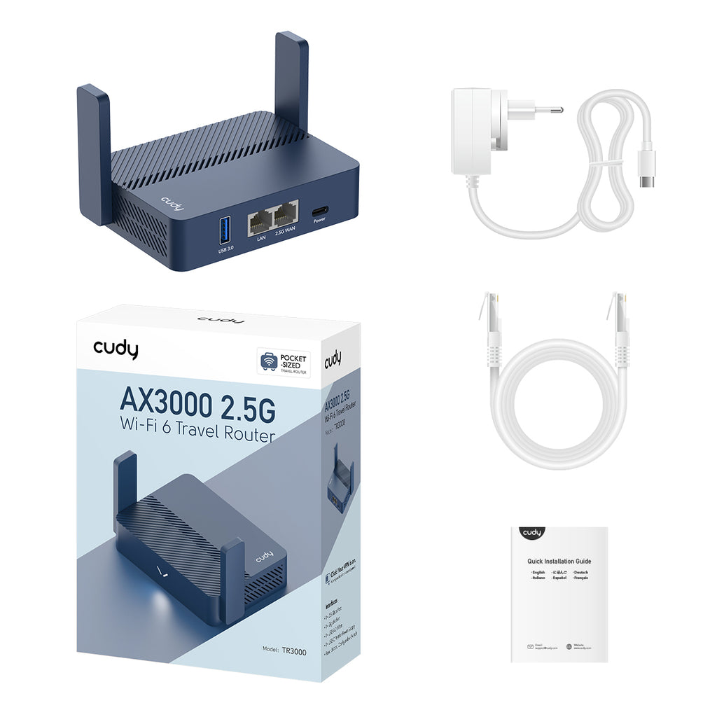 Cudy AX3000 routeur sans fil Gigabit Ethernet Bi-bande (2,4 GHz / 5 GHz) Bleu