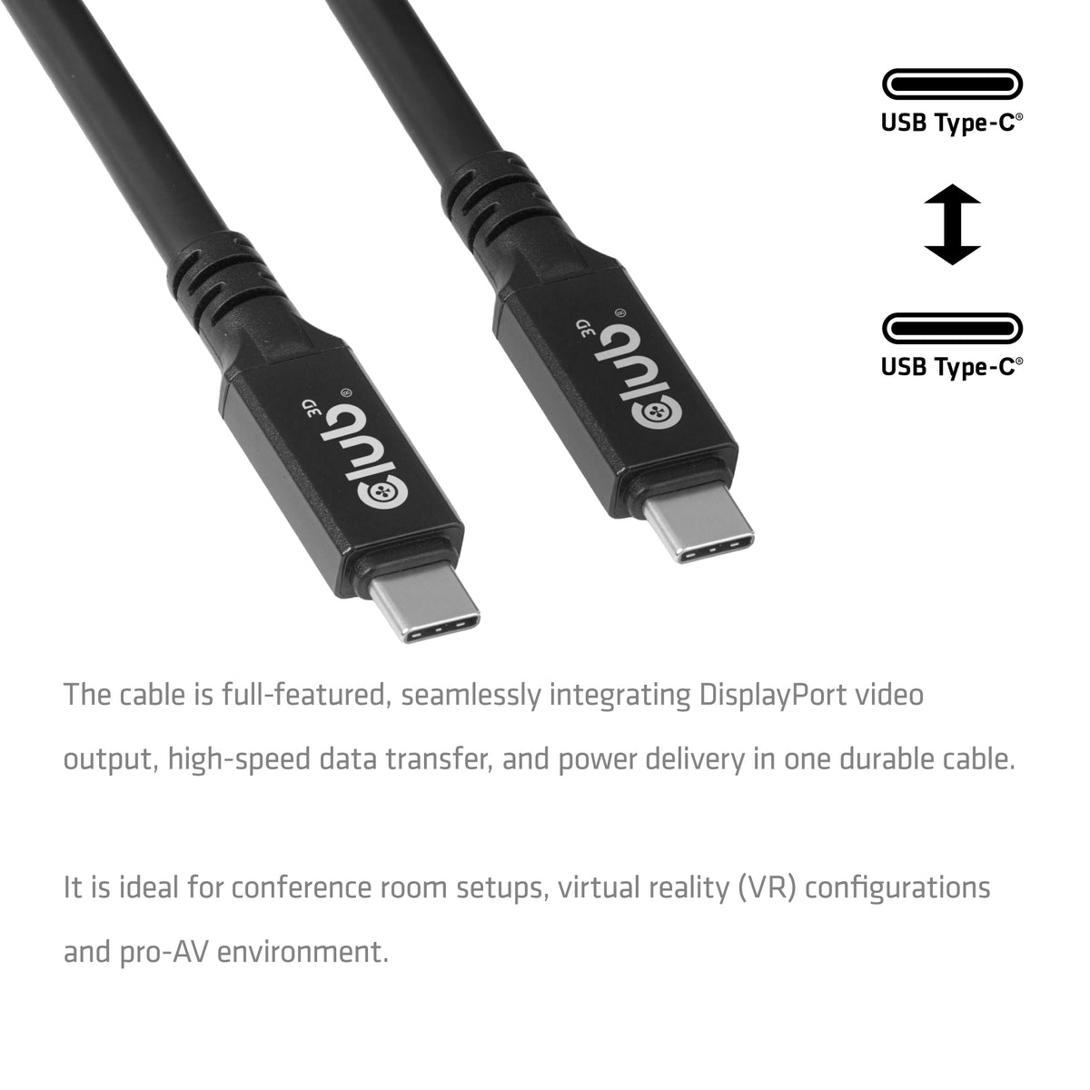 CLUB3D Câble USB-C® 8K 60 Hz, 100 W, 20 Gbps, USB4, 9 m / 29,53 pieds