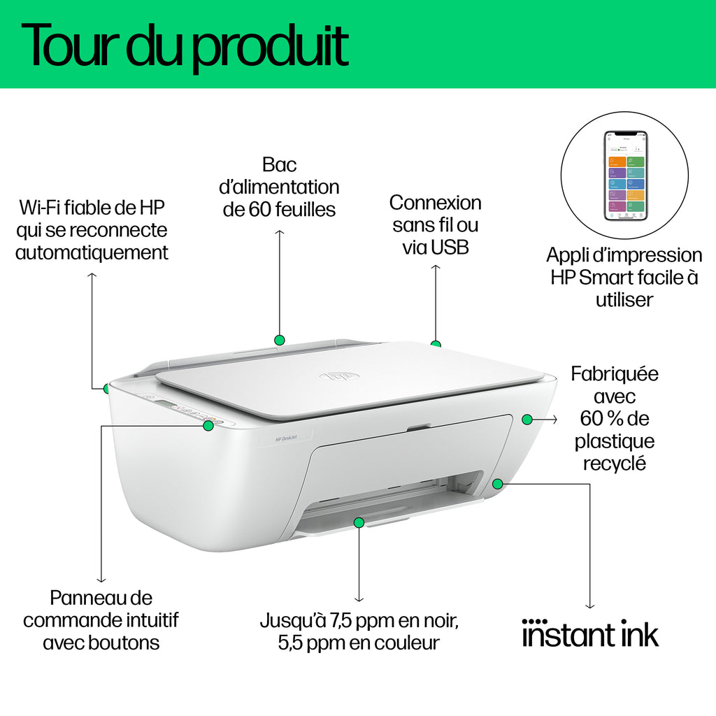 HP DeskJet 2810e Sans fil All-in-One Couleur Imprimante, Instant Ink; copieur, scanner