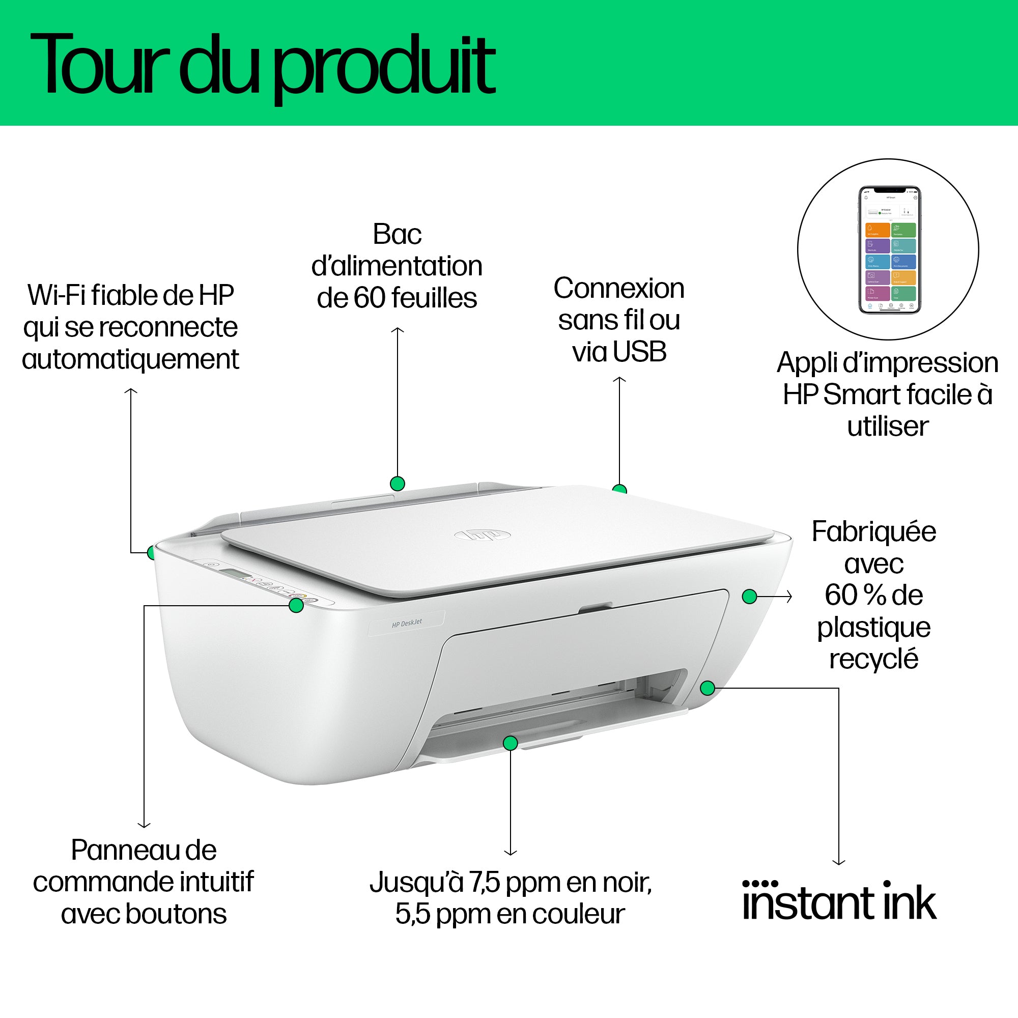 HP DeskJet 2810e Sans fil All-in-One Couleur Imprimante, Instant Ink; copieur, scanner