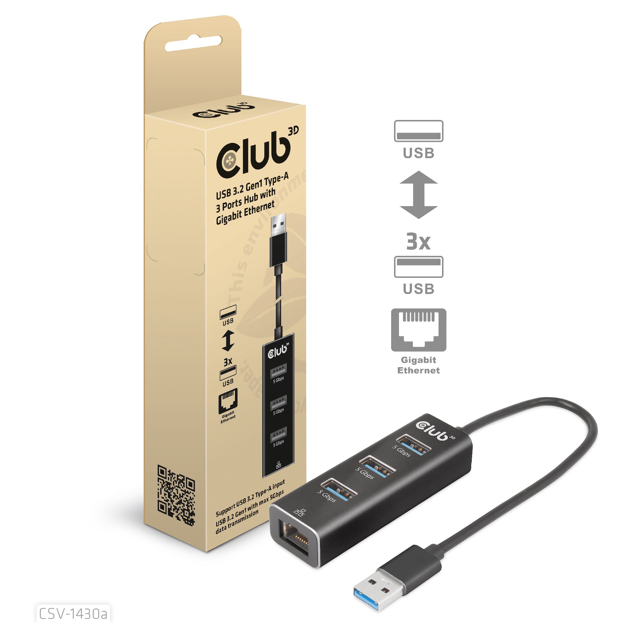 CLUB3D CSV-1430a Avec fil USB 3.2 Gen 1 (3.1 Gen 1) Type-A Noir