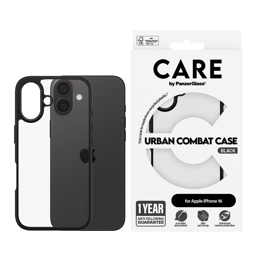 PanzerGlass CARE™ by ® Urban Combat Case Transparent w. Black Frame iPhone 16 coque de protection pour téléphones portables Housse