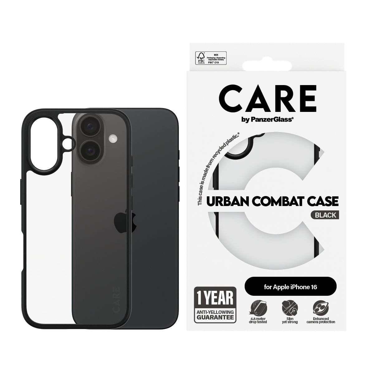 PanzerGlass CARE™ by ® Urban Combat Case Transparent w. Black Frame iPhone 16 coque de protection pour téléphones portables Housse