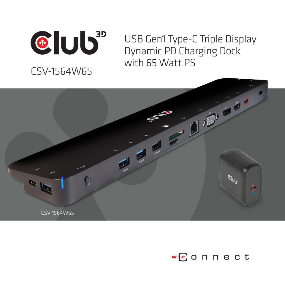 CLUB3D CSV-1564W65 Station d'accueil USB 3.2 Gen 1 Type-C, 4K Ultra HD, Noir