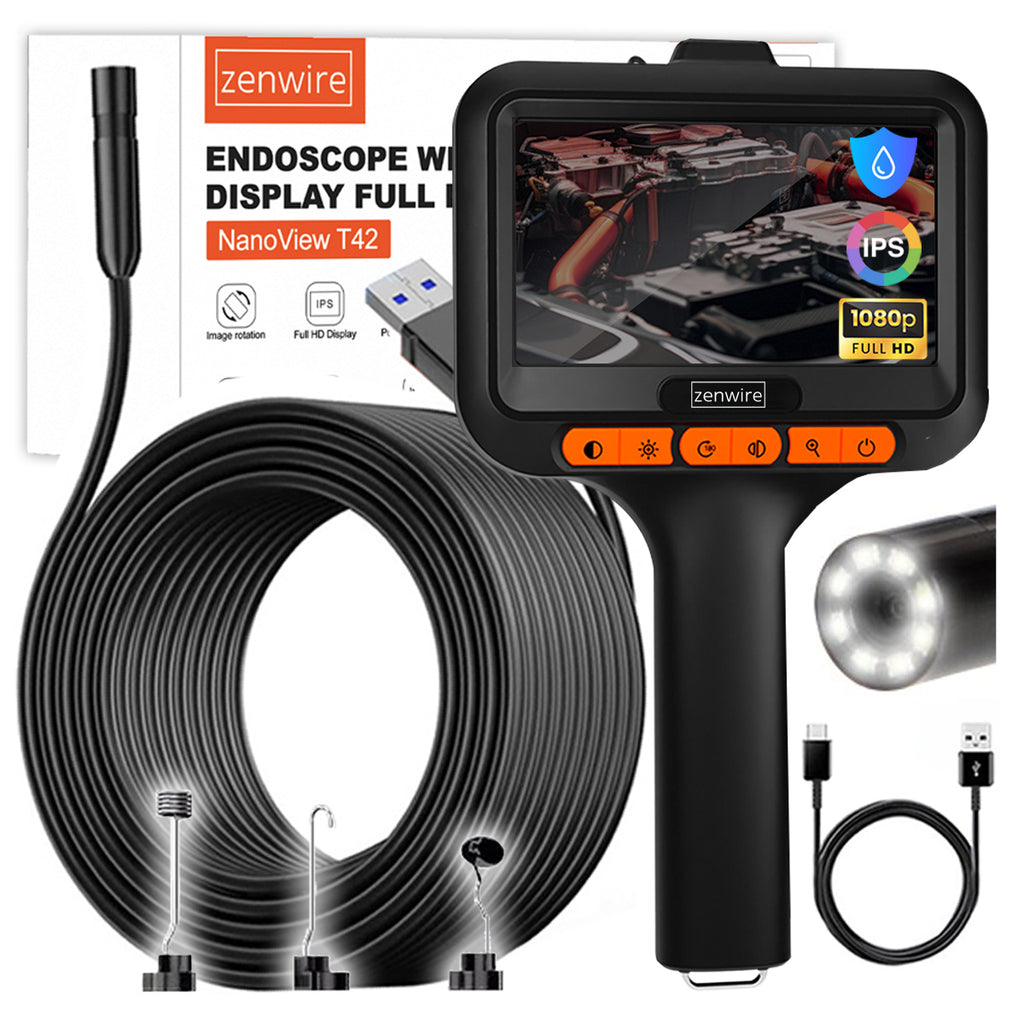 Caméra d'inspection endoscopique d'atelier avec écran IPS pour tuyaux, USB-C, 5 m, Zenwire T42