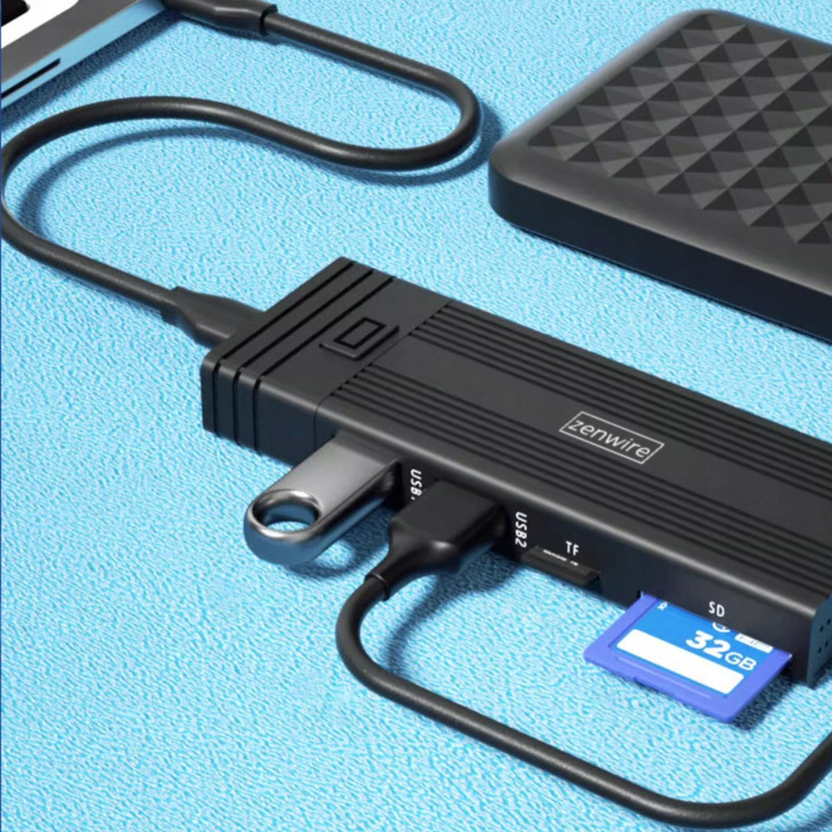 Boîtier pour disque dur HUB USB-C 7-en-1 SSD M.2 NVMe PCIe SATA SD Adaptateur Emplacement M.2 Zenwire HUB63
