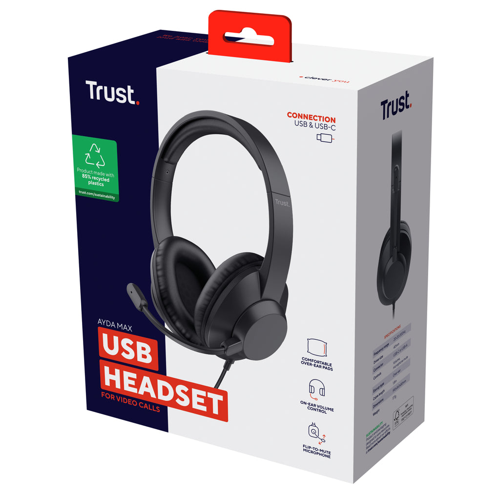 Trust Ayda Max USB Casque Avec fil Arceau Bureau/Centre d'appels USB Type-C / USB Type-A Noir