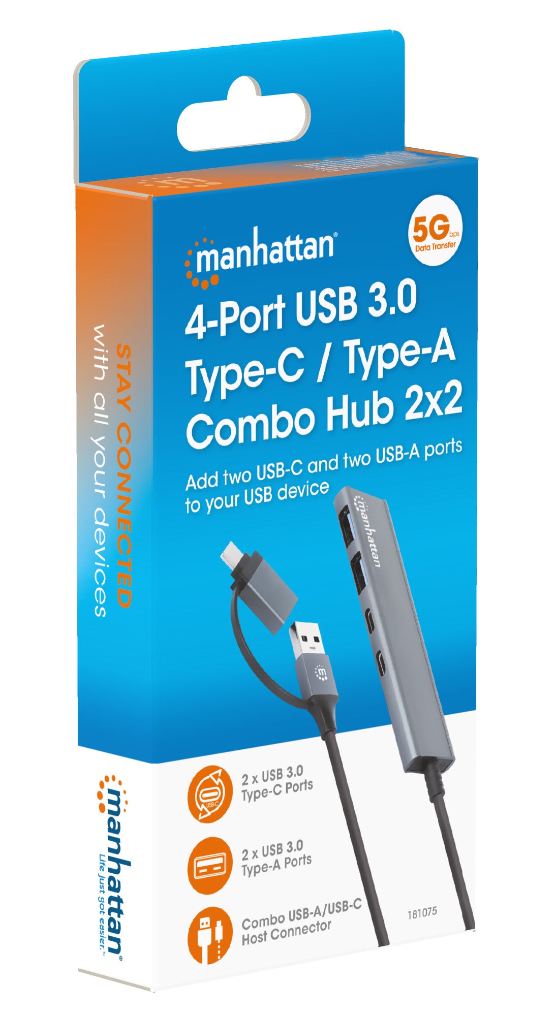Manhattan Dock/hub combo USB-C & USB-A, 4 ports : 2x USB-A + 2x USB-C, 5 Gbit/s (USB 3.0), Alimenté par USB (aucune alim