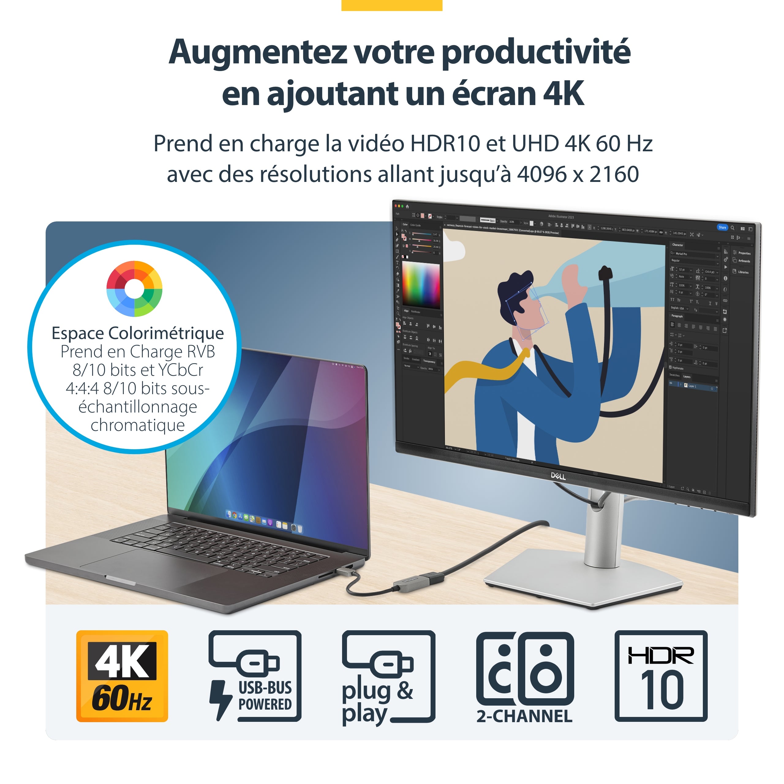 StarTech.com Adaptateur USB C vers HDMI - Vidéo 4K 60Hz, HDR10 - Adaptateur Dongle USB vers HDMI 2.0b - USB Type-C DP Alt Mode vers Écrans/Affichage/TV HDMI - Convertisseur USB C vers HDMI