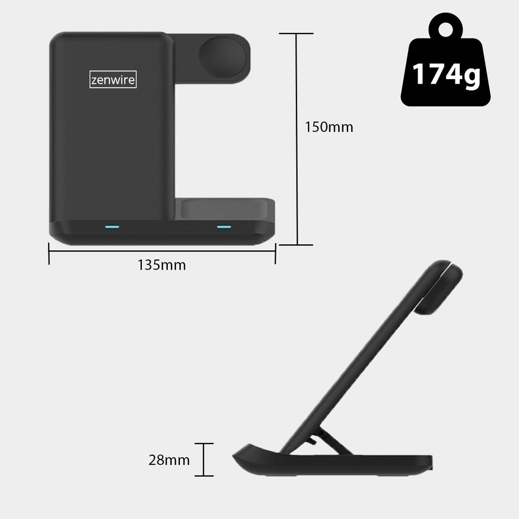 Chargeur sans fil 3-en-1 USB-C à induction pour téléphone, smartphone, montre connectée, écouteurs TWS, AirPods et Buds - Zenwire X12
