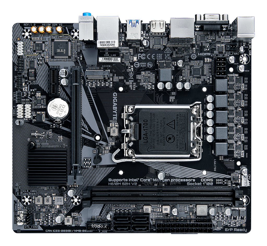 GIGABYTE H610M S2H V2 Carte mère - Prend en charge les processeurs Intel Core 14e génération, VRM numérique hybride 4+1+1 phases, jusqu'à 5600MHz DDR5, 1xPCIe 3.0 M.2, LAN GbE, USB 3.2 Gen 1