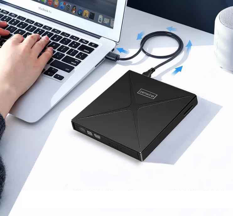 Lecteur DVD-CD-RW externe portable avec hub USB-C et USB 3.0 Zenwire 4-en-1 et lecteur de carte SD Zenwire SY885