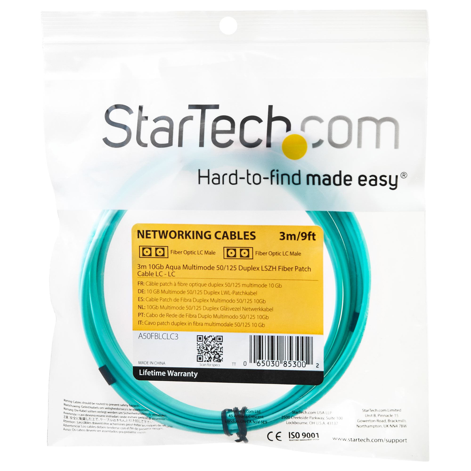 StarTech.com Câble Fibre Optique Multimode de 3m LC/UPC à LC/UPC OM3, Fibre Zipcord Full Duplex 50/125µm, Réseaux 100G, LOMMF/VCSEL, <0.3dB Faible Perte d'Insertion, Cordon Patch Fibre LSZH