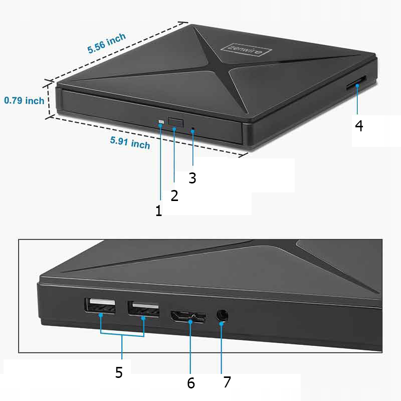 Lecteur DVD-CD-RW externe portable avec hub USB-C et USB 3.0 Zenwire 4-en-1 et lecteur de carte SD Zenwire SY885