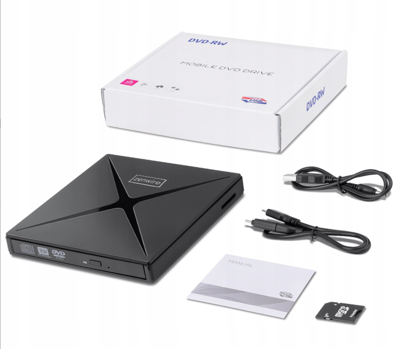 Lecteur DVD-CD-RW externe portable avec hub USB-C et USB 3.0 Zenwire 4-en-1 et lecteur de carte SD Zenwire SY885