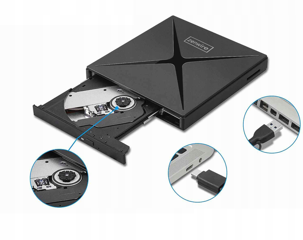 Lecteur DVD-CD-RW externe portable avec hub USB-C et USB 3.0 Zenwire 4-en-1 et lecteur de carte SD Zenwire SY885